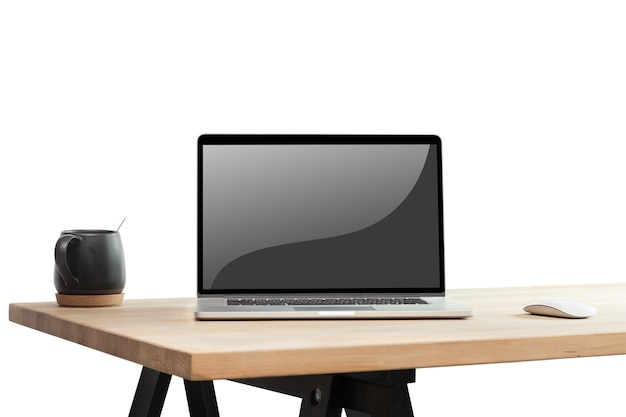 Photo blank screen laptop on wooden desk on white background