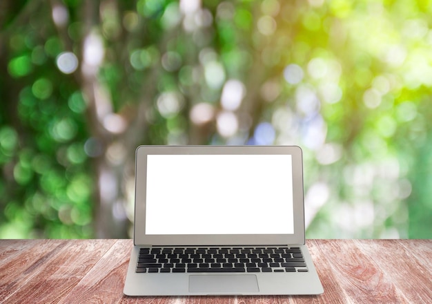 Blank screen laptop on wooden shelves