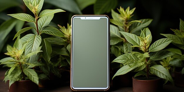 Белый экран телефона на зеленом фоне с растениями