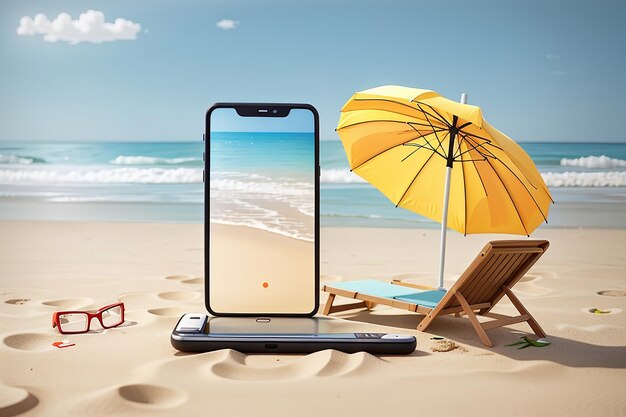 Blank screen smart phone with umbrella and beach staff summer concept minimal scene