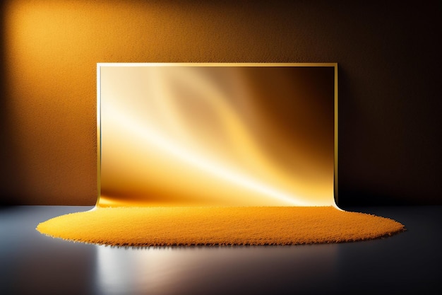 A blank screen on a wall with a golden rug.