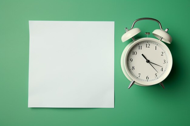사진 녹색 배경 에 있는 빈 종이 와 알람 시계 가 평평 하게 놓여 있다