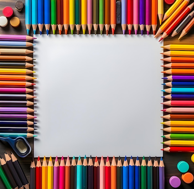 Blank sheet of paper with colored pencils around it on a school desk or wooden table Generative ai