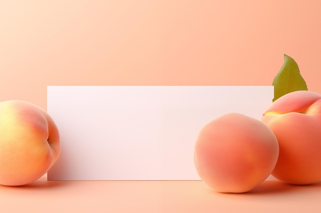 Blank sheet of peach fuzz colored paper isolated on table with peaches