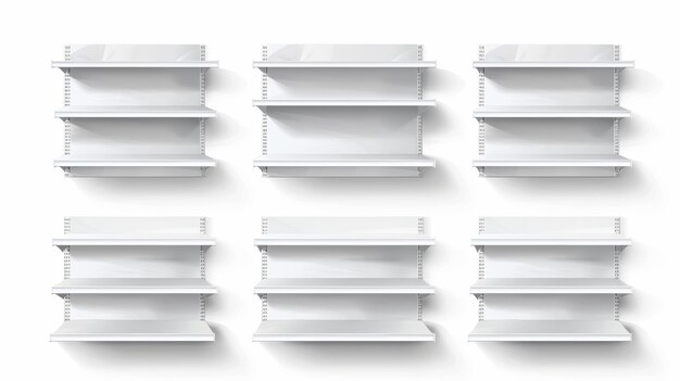 Photo a blank shelf mockup of a supermarket shelf filled with shelves for displaying products a realistic 3d modern illustration of a bookcase stand at different angles