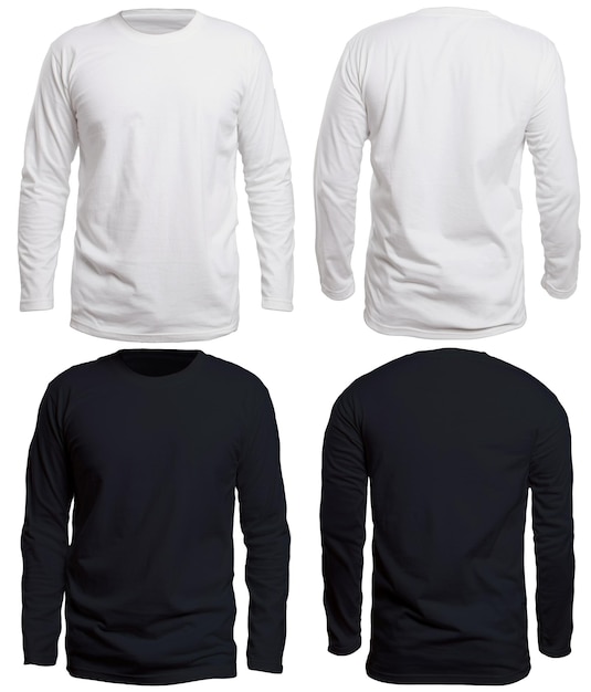 Foto blank shirt met lange mouwen mock-up sjabloon voorkant en achterkant plain zwart en wit t-shirt mock-up