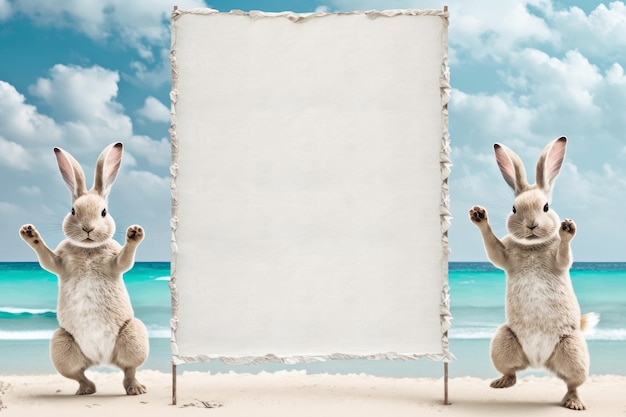 Blank sign banner with Easter bunnies in tropical vacation Space for image AI Generated