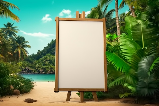 A blank sign on a beach with palm trees in the background.