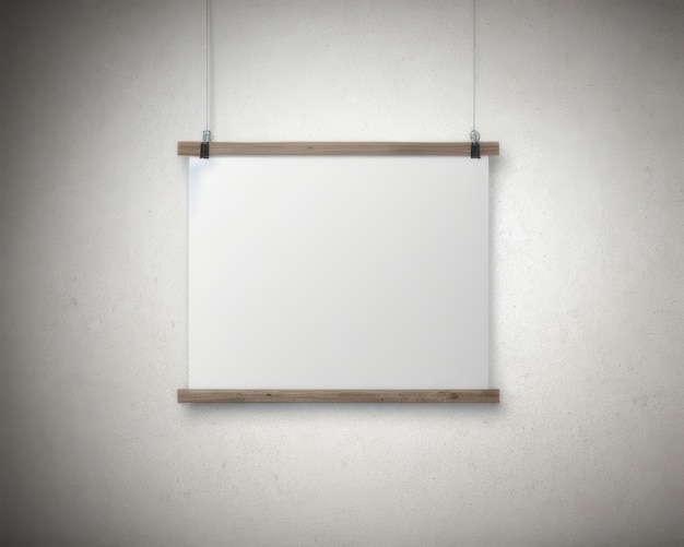 A blank sign hangs on a white wall with wooden poles.