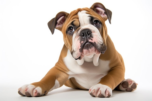 A blank sign is held by a young English Bulldog seated against a white background