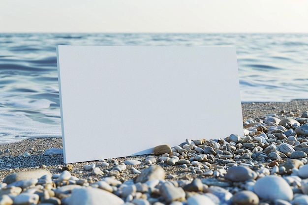 a blank sign sitting on top of a beach next to the ocean
