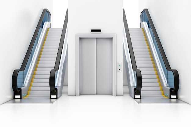 Blank Silver Closed Elevator Lift between Modern Luxury Escalators on Indoor Building Shopping Center, Airport or Metro Station extreme closeup. 3d Rendering