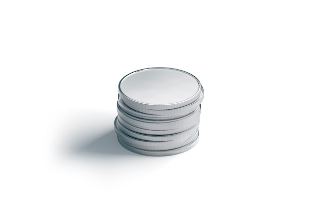 Blank silver coin stack , isolated, 3d rendering. Empty argent money heap . Clear penny or euro cash for payment. Pile of metal wealth for casino .