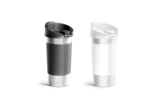 Blank silver travel mug black and white sleeve set Empty thermal bottle with  hot coffee or tea