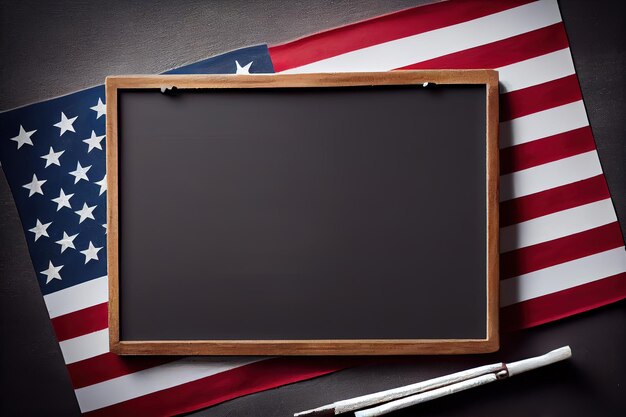 Photo blank slate board over american flag as a concept for us national celebrations generative ai