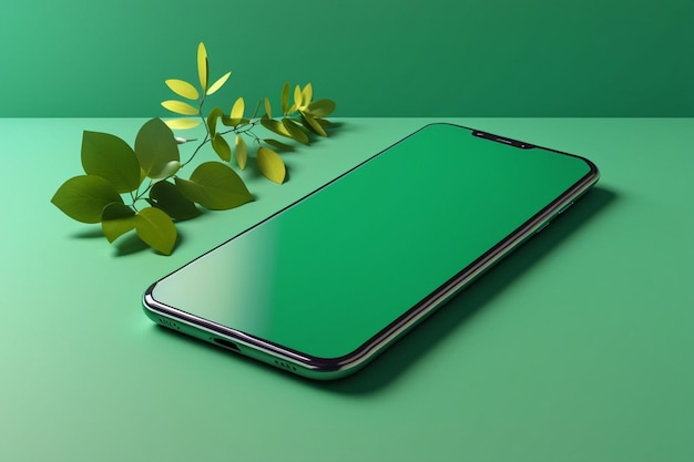 Blank smartphone mockup met groene achtergrond en decoratieve elementen AI gegenereerd