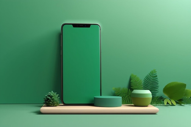 Blank smartphone mockup met groene achtergrond en decoratieve elementen AI gegenereerd