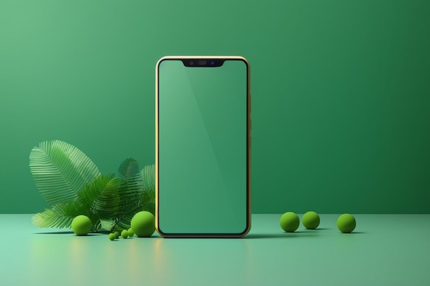 Blank smartphone mockup met groene achtergrond en decoratieve elementen AI gegenereerd