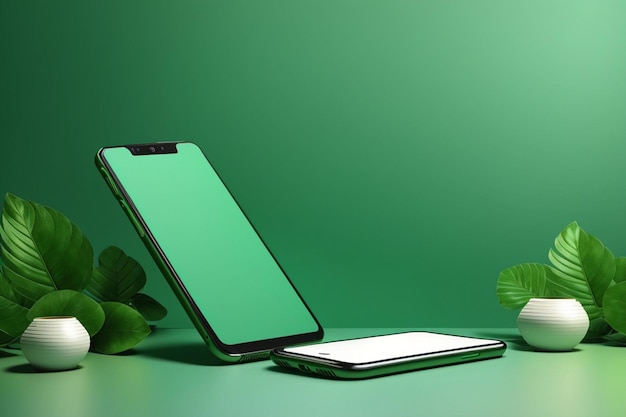 Blank smartphone mockup with green background and decorative elements AI Generated