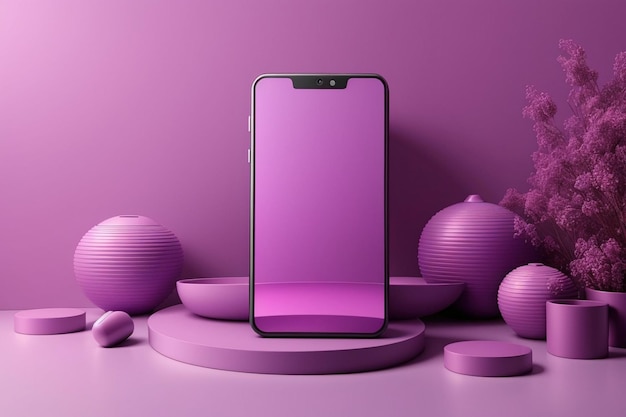 Blank smartphone mockup with purple background and decorative elements ai generated