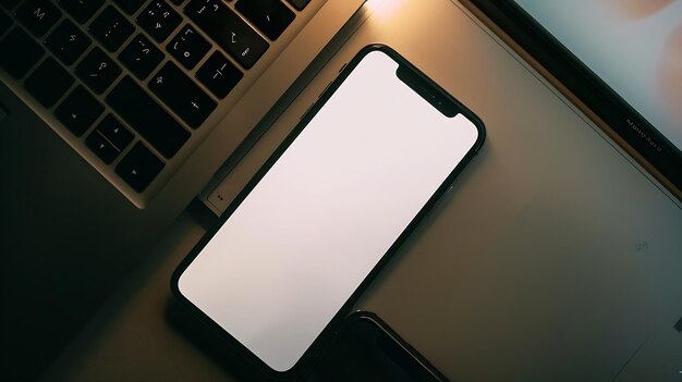 Blank smartphone with white blank screen is put over a laptop Top view with copy spa Generative AI