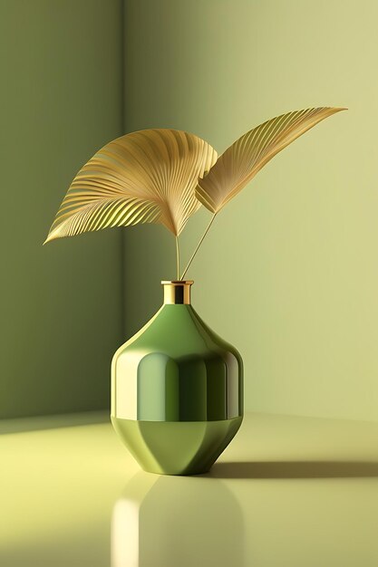 Blank space on beige table dried palm leaf in antique green square embossed pattern vase in sunligh