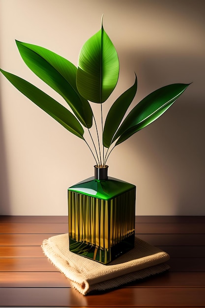 Blank space on beige table dried palm leaf in antique green square embossed pattern vase in sunligh