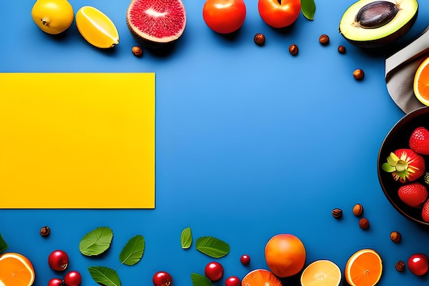 Photo blank space for text with fruits surrounding color background