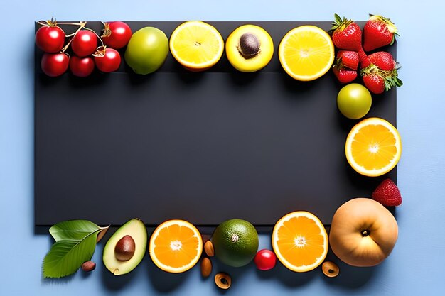 Foto spazio vuoto per il testo con frutti che circondano il colore di sfondo