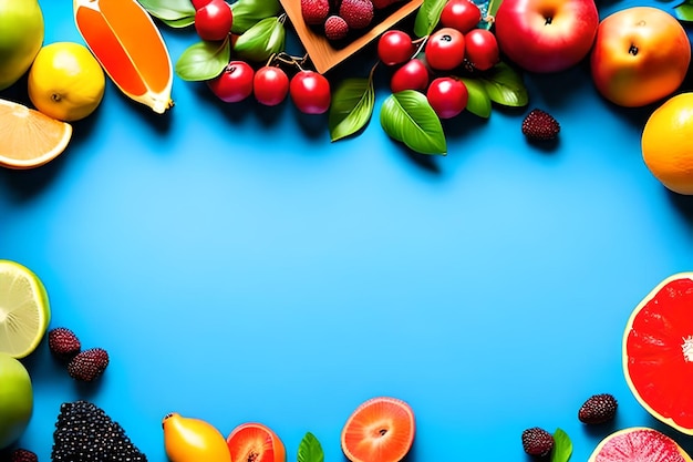 Foto spazio vuoto per il testo con frutti che circondano il colore di sfondo