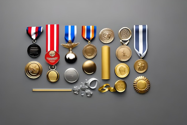 Blank space for text with trophies ribbon and medals surrounding color background