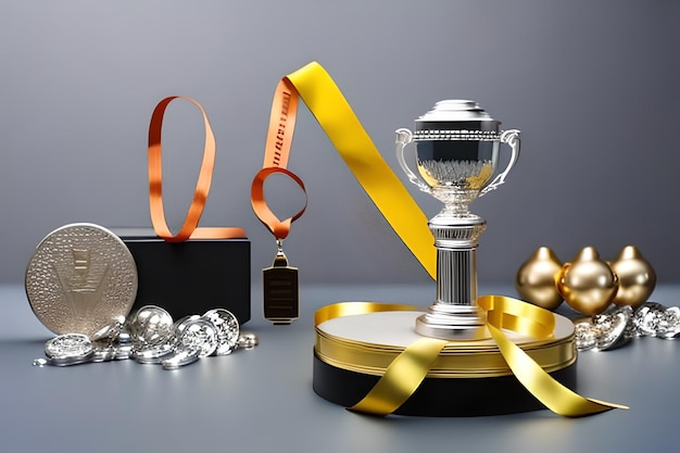 Photo blank space for text with trophies ribbon and medals surrounding color background