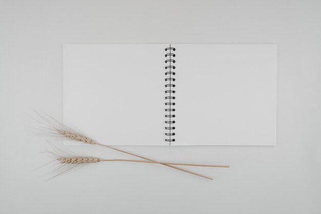 Foto sketchbook rilegato a spirale in bianco con fiore secco d'orzo