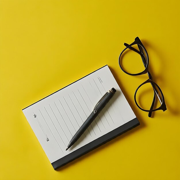 Blank Spiral Notebook Lying on a Yellow Background Next to Glasses and a Pen