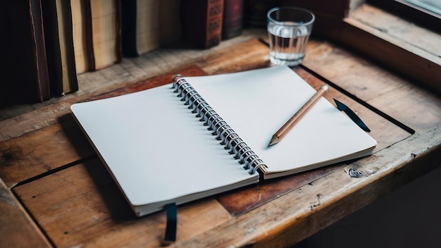 Blank spiral notebook and wooden pencil on wooden desk