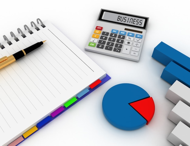 Пустой спиральный блокнот с ручкой, офисным калькулятором и гистограммой. деловые финансы