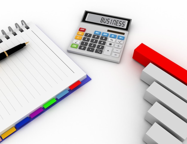 ペン、オフィス電卓、棒グラフ付きの空白のスパイラルメモ帳。企業財務