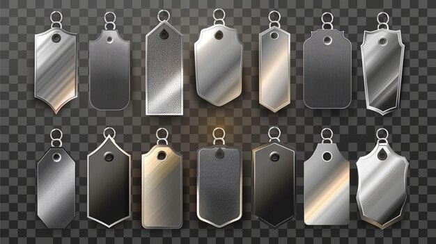 Blank stainless steel badges with metallic finish isolated on transparent background Modern illustration of game menu arrow sign nameplate user interface frames shiny buttons