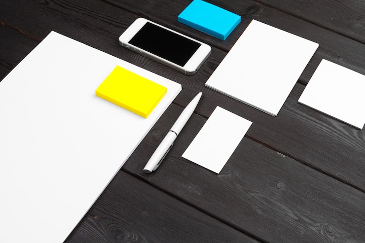 Photo blank stationery set on wood   paper, business cards, booklet, sheets, etc