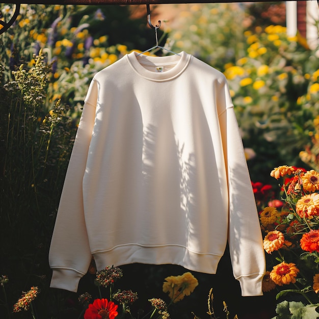 Photo blank sweatshirt mockup hanging on hanger mockup for design