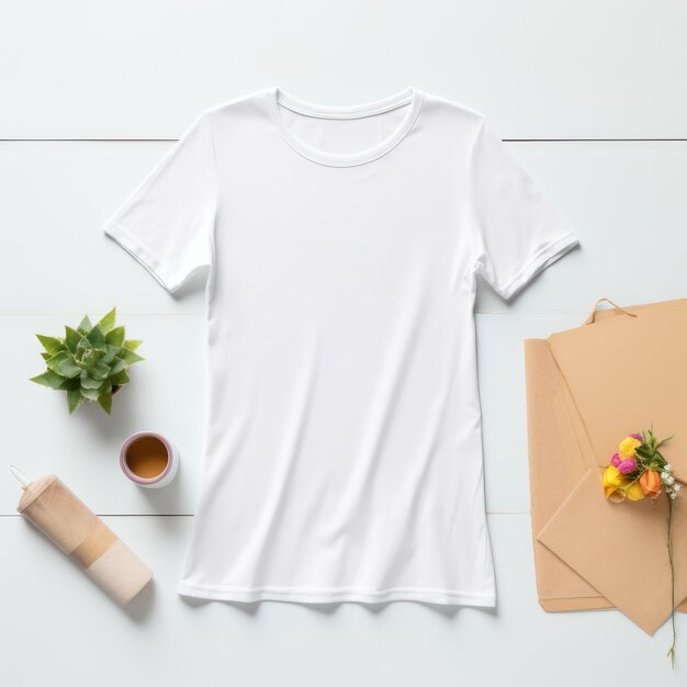 写真 空のtシャツのモックアップ テンプレート 空のtシャツのトップビューの背景と構成フレーム