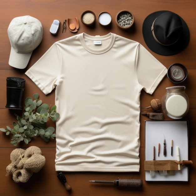 Photo blank t shirt mockup template blank shirt top view background with composition frame