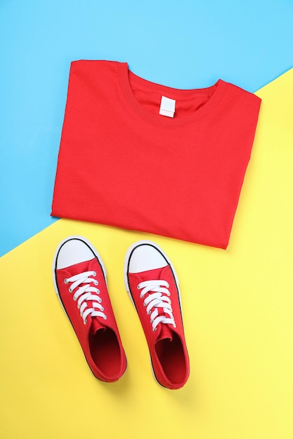 Blank t-shirt and sneakers on two tone background