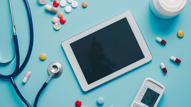 Blank tablet mockup met kleurrijke pil stethoscoop en glucose meter Gezondheidszorg en Generatieve AI