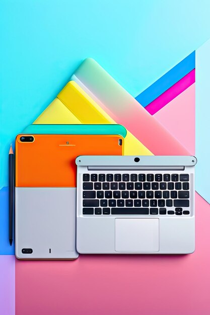 Blank tablet with keyboard and notebook on colourful background Minimal composition