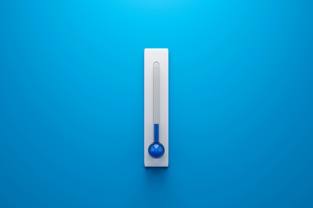 Blank template of Celsius and Fahrenheit thermometer on blue wall with low temperature or winter concept. 3D rendering.