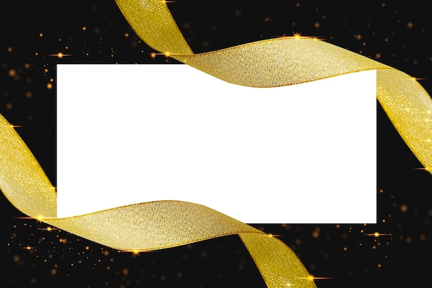 Blank thank you or greeting card with golden ribbon Golden ribbon isolated on black background and texture Shiny golden ribbon winded in spiral patte