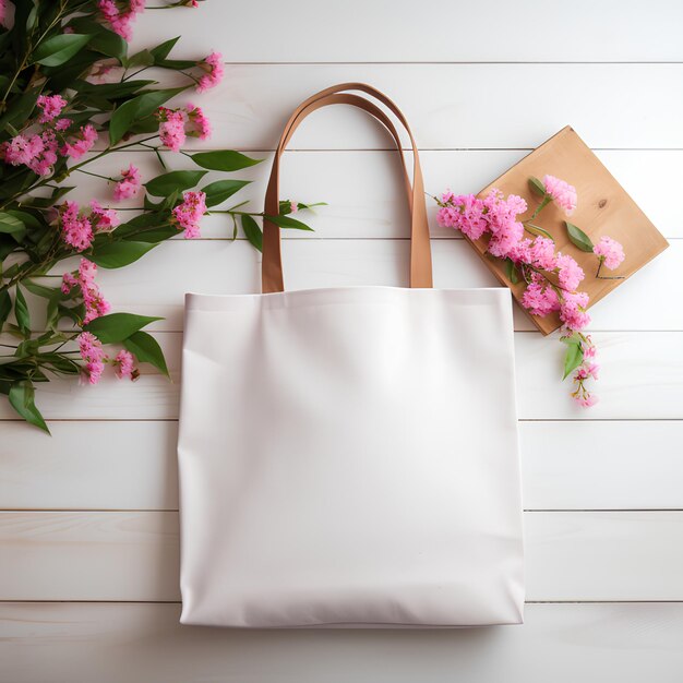 Premium AI Image | Blank tote bag mockup with pink flowers White tote ...