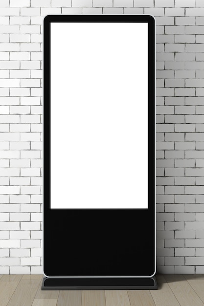 Blank Trade Show LCD Screen Stand as Template for Your Design in front of brick wall. 3d Rendering.