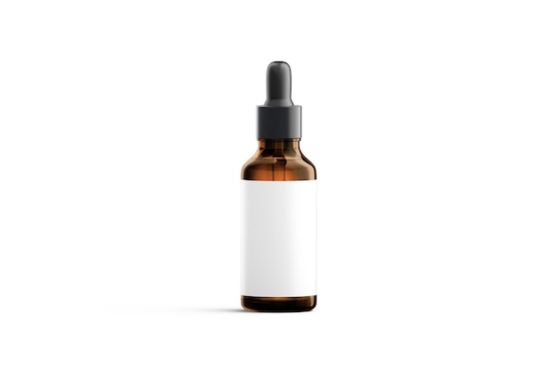Blank transparent amber glass dropper bottle with white label mockup